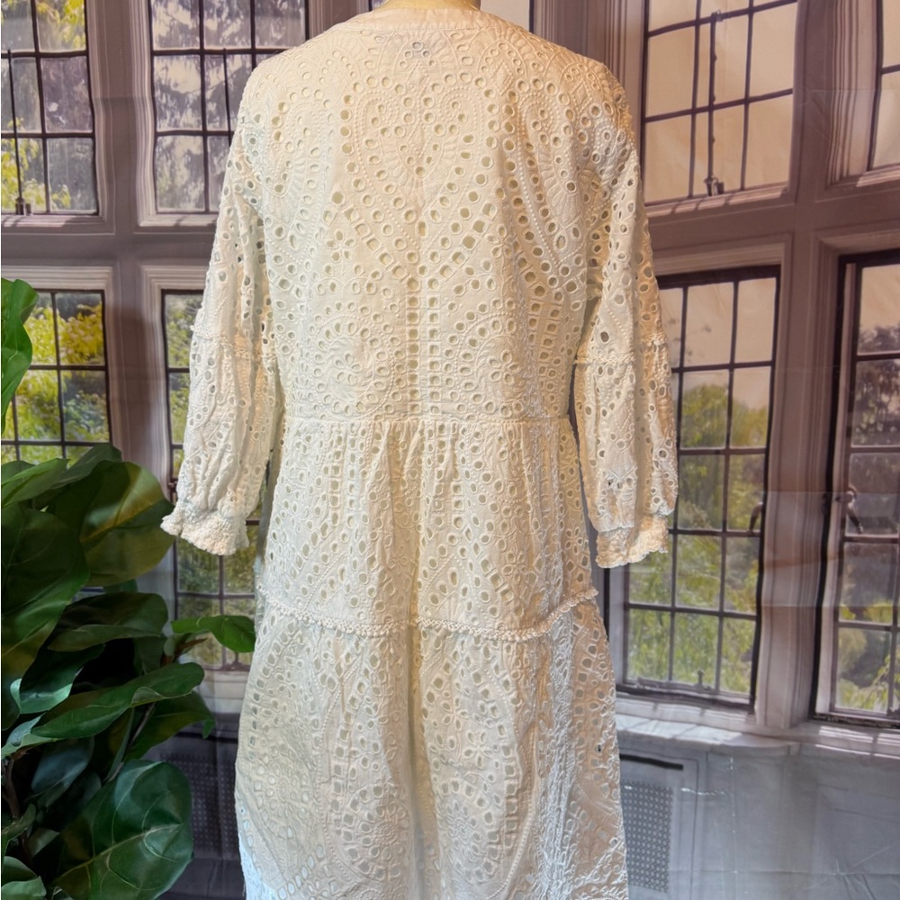 Chico’s White Eyelet Tiered V Neck Dress 12 Cottagecore Cotton Summer Spring - Picture 6 of 17